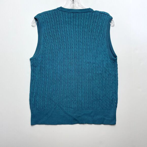 Vintage 90s Tail XL Teal Silk Cable-Knit Sweater Vest V-Neck Mother of Pearl - Picture 7 of 10